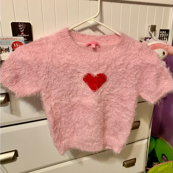 Sugar Thrillz Fuzzy Pink Sweater with Red Heart - Picture 2 of 4